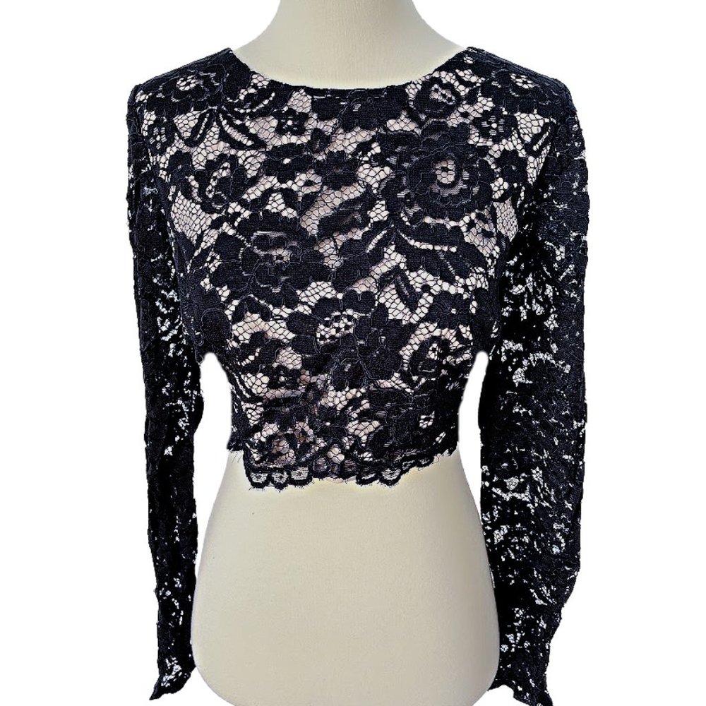 Black Lace Lined Crop Top with Long Unlined Lace Sleeves in size 10